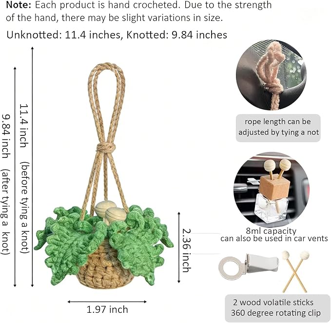 Handmade Crochet Car Air Freshener -Car Hanging Ornament Knitted Boho Plant for Decor,with 8ml Empty Refillable Oil Diffuser Bottle, Rear View Mirror Decoration Accessories