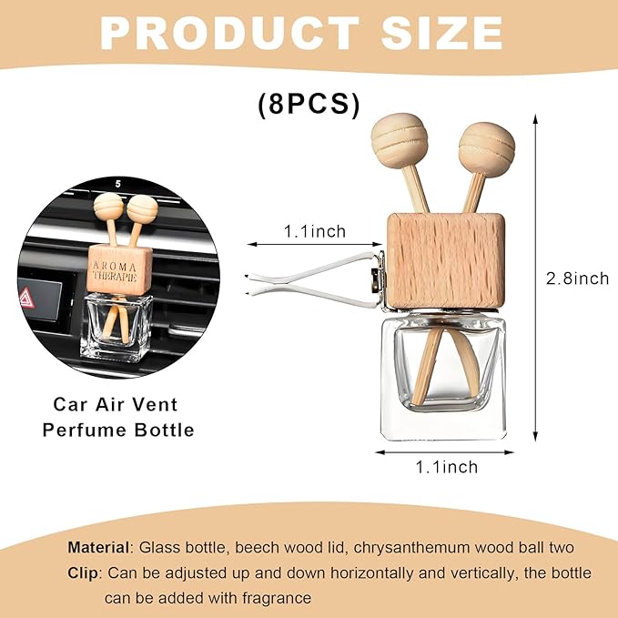 2PCS Car Diffuser Air Freshener Bottle, Refillable Empty Glass Perfume Bottles with Vent Clip, Universal Essential Oil Diffuser for Most Vehicles, Interior Car Accessories (8PCS, Word)