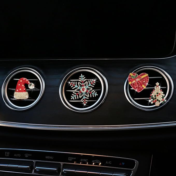 Set of 4 Bling Christmas Car Air Freshener Vent Clips, Crystal Rhinestone Sparkly Air Conditioning Outlet Decorative Clip Charms Cute Car Interior Accessories