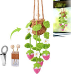 Crochet Car Air Freshener, 8ml Empty Refillable Oil Diffuser Bottle with Hanging Crochet Pink Strawberry Plant & Hanging Tools, Car Rearview Mirror Diffuser for Wall Art & Home & Office Decoration