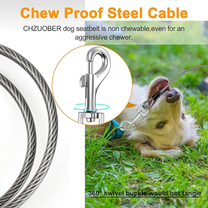 Chew Proof Dog Car Seat Belt, 2 in 1 Steel Cable Dog Car Accessories Headrest Restraint Doggie Car Seatbelt for Medium Large Dogs Chewer Heavy Duty Dog Seatbelts for Cars Swivel Attach