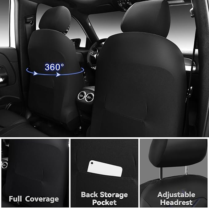 CAR PASS Luxury Nappa Leather Seat Covers Full Set, Water Resistant Faux Leather Seat Cover with Lumbar Support, Breathable Automotive Seat Covers Universal Fit for Sedan SUV Van Truck, Black Blue