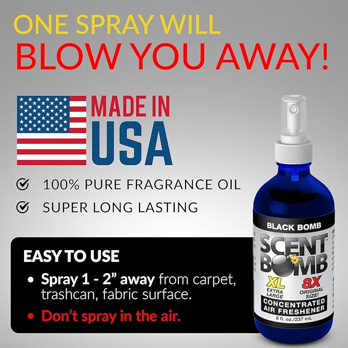 Scent Bomb Air Freshener Bundle - 1 oz & 8 oz Bottle Sprays, Vent Clip, Organic Cans, Hanging Circle - Continuous Freshness & Long-Lasting Odor Eliminator for Car, Home, Bathroom - Black Bomb