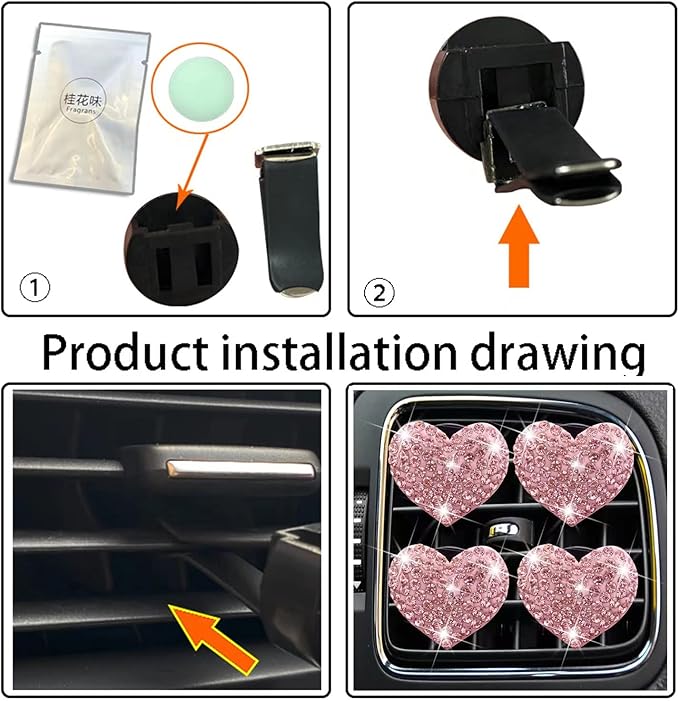 Bling Heart Air Vent Clips, Crystal Heart Car Air Fresheners Vent Clips Diffuser Vent Clip Rhinestone Car Decoration Interior Decor Cute Accessories for Women (Pink) + Sunflower Mask Hook