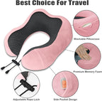 Travel Pillow, Memory Foam Neck Pillow for Traveling, U Shape Neck Pillow Airplane Portable Flight Pillow Travel Kit with 4D Contoured Eye Masks and Earplug for Plane Train Car Home Office - Pink
