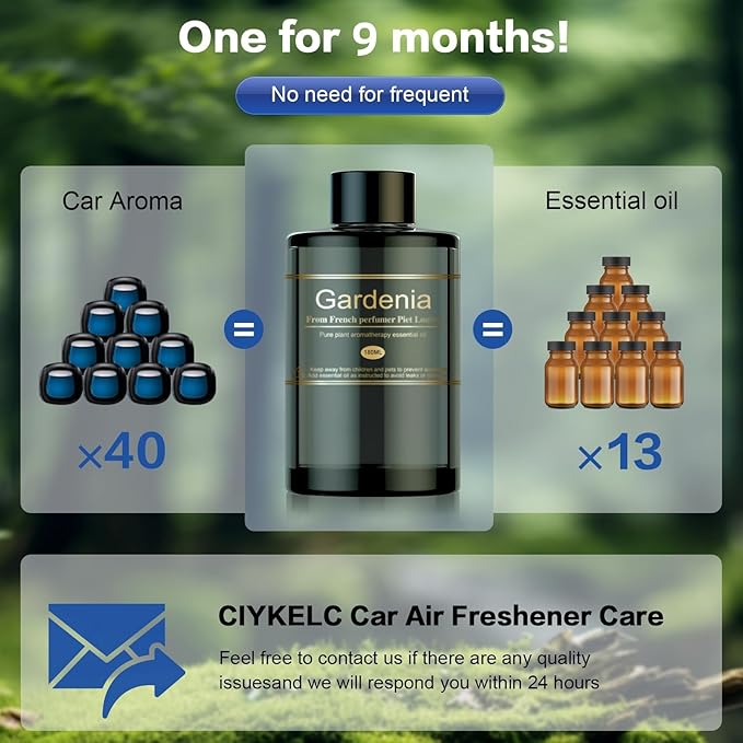 Car Air Freshener Refill for Men & Women 6.09 FL OZ /180ML-9 Month Gardenia Scent Essential Oil Perfume, Essential Oil Made of Natural Plant Extracts, Compatible with Car Diffusers for Home/Office