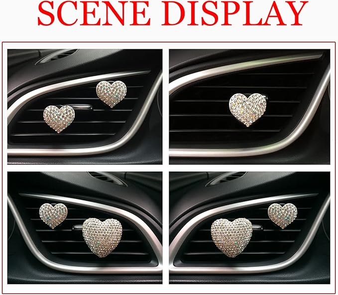 Crystal Heart Air Vent Clip Charms, 2Pcs Car Air Fresheners, Rhinestone Oil Diffuser Conditioning Outlet Clip, Bling Interior Decoration Accessories for Girls Women Style A