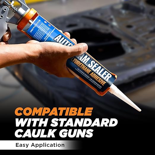 [Black] Professional Automotive Seam Sealer, Paintable Quick-Set Polyurethane Auto Body Seam Sealer for Metal Surfaces of Cars, Trucks, Etc, Includes Gloves & Tip - Black RV Roof Sealant
