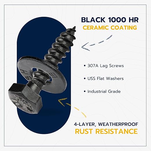 1/4 x 1-1/4 (100 Pack) Lag Screw Kit, 100 Screws and 100 Washers, Ceramic Black Ruspert Coating for Exterior Use, Meets ASTM A307 and ASME B18.2.1, Industrial/Commerical Grade by Makers Bolt