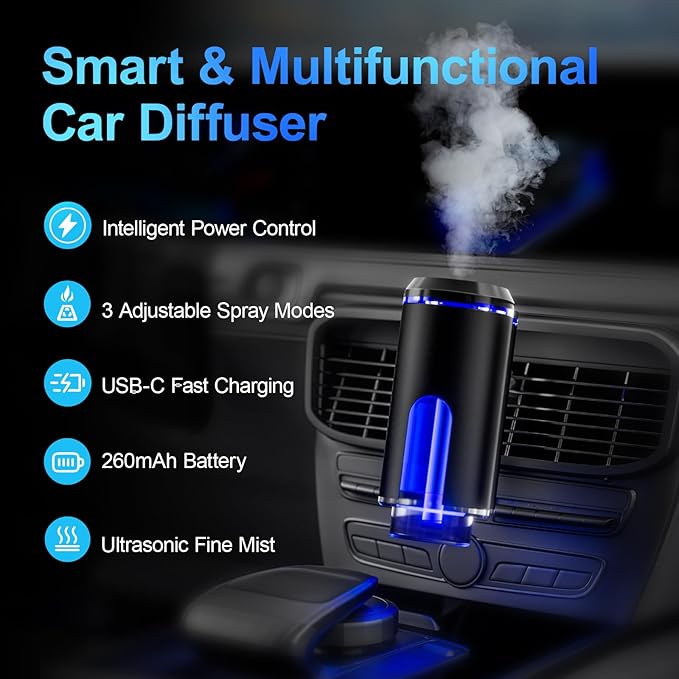 Smart Car Air Freshener Diffuser – Auto On/Off Aromatherapy Diffuse with 3 Scent Modes, USB Rechargeable, Vent Clip, Long-Lasting Essential Oil Refills – Stylish Automobile Decor, Car Accessory& Gift