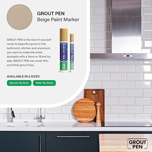 Grout Pen Beige Tile Paint Marker: Waterproof Grout Paint, Tile Grout Colorant and Sealer Pen - Beige, Narrow 5mm Tip (7mL) - 3 Pack