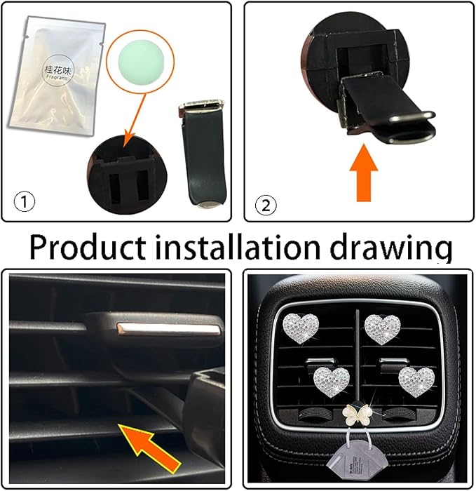 4 Pcs Silver Bling Heart Air Vent Clips, Heart Car Air Fresheners Vents Clips Car Diffuser Diamond Car Interior Decor Charm Cute Cars Accessories Cars Decoration for Women + Cute Butterfly Mask Hook