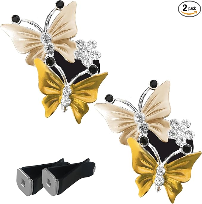2PCS Car Air Vent Clips, Dual Butterfly Diamond Car Air Conditioner Outlet Vent Clip, Cute Car Diffuser Perfume Clip, Car Air Freshener Decor Accessories for Women Girl (Yellow, Style 1)