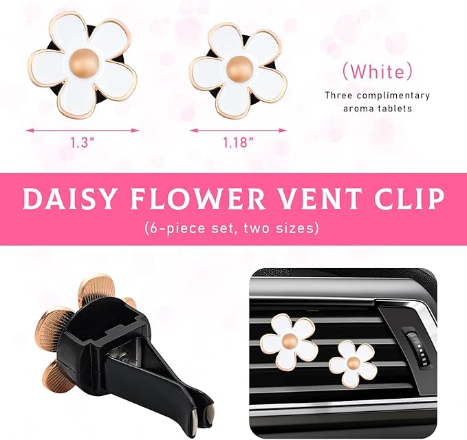 6PCS Car Air Vent Clip, Daisy Flower Auto Scents Air Freshener Clip with 6 Fragrance Piece, Decorative Auto Air Conditioning Clip for Women Girl, Universal Car Accessories (White)