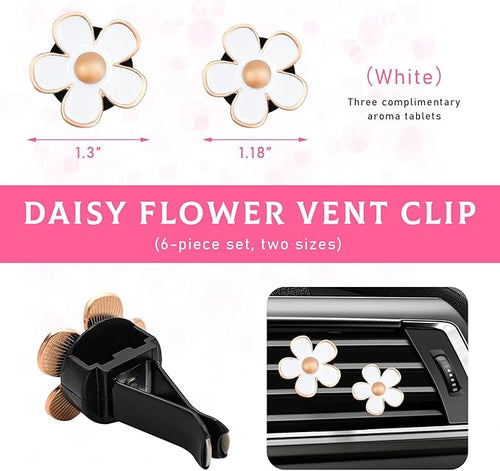 6PCS Car Air Vent Clip, Daisy Flower Auto Scents Air Freshener Clip with 6 Fragrance Piece, Decorative Auto Air Conditioning Clip for Women Girl, Universal Car Accessories (White)