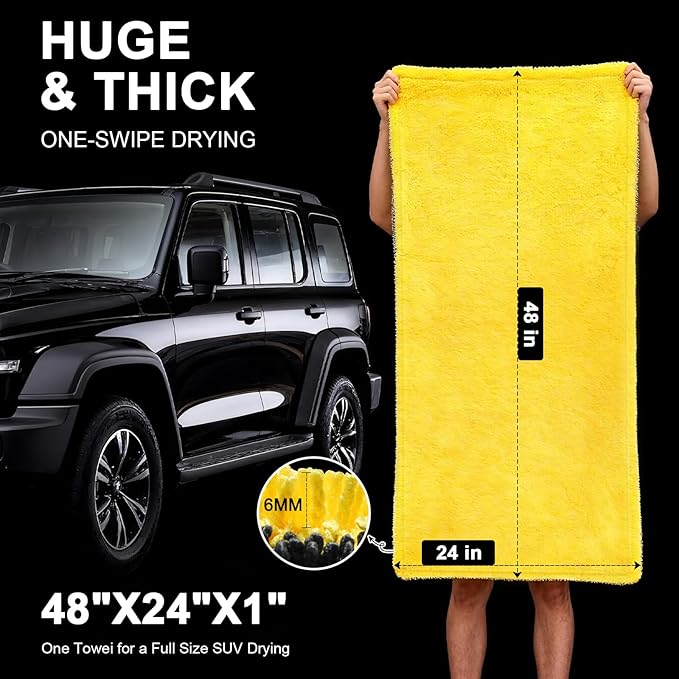 1400 GSM Car Drying Towels Car Detailing– XXL Microfiber Towels for Cars, Trucks(48" x 24"), Ultra-Absorbent, Streak-Free, Scratch-Free, No Water Spots, Double-Twist Pile & Edgeless Design