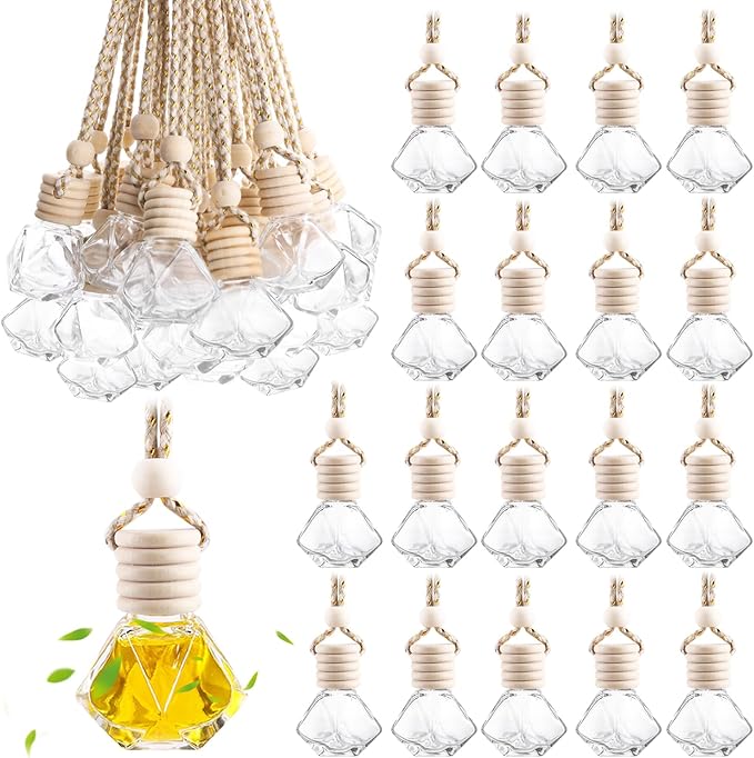 50 Pack Set Car Hanging Air Freshener Bottles Empty Car Essential Oil Diffuser Bottles Pendant Glass Perfume Bottles Aromatherapy Fragrance Bottle Auto Ornaments Decor