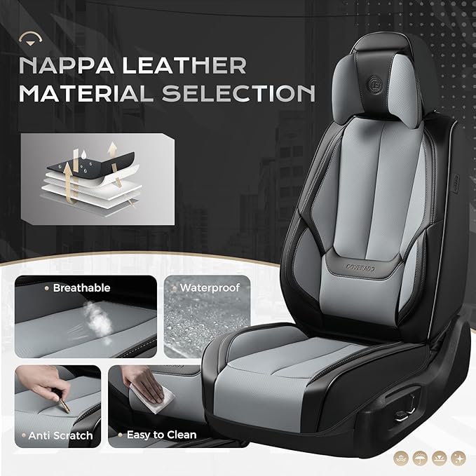 Coverado Seat Covers Full Set, 5 Seats Seat Covers for Cars, Waterproof Nappa Leather Car Seat Covers with Head Pillow, Seat Protectors Car Seat Cushion Universal Fit for Most Cars (Black&Gray)