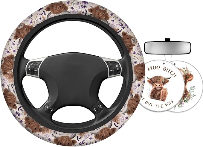Highland Cow Print Steering Wheel Cover Car Accessories for Men Women with 2 Air Freshener, 15 Inch Anti-Slip Steering Wheel Covers Universal Fit