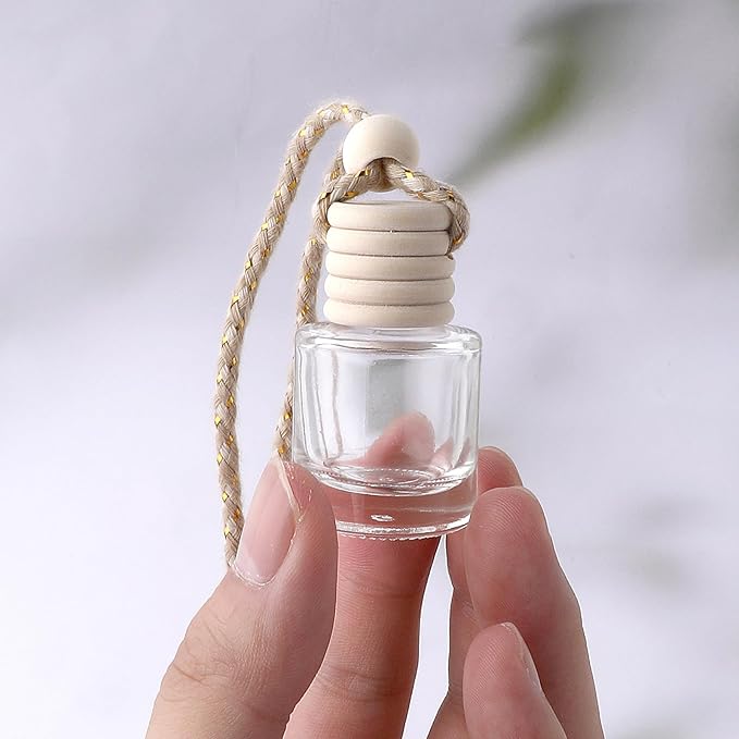 20Pcs Hanging Empty Car Freshener Glass Bottle, Essential Oil Car Diffuser, Aromatherapy Fragrance Perfume Diffuser Bottle Pendant with Wooden Caps & Hanging String(8ML)