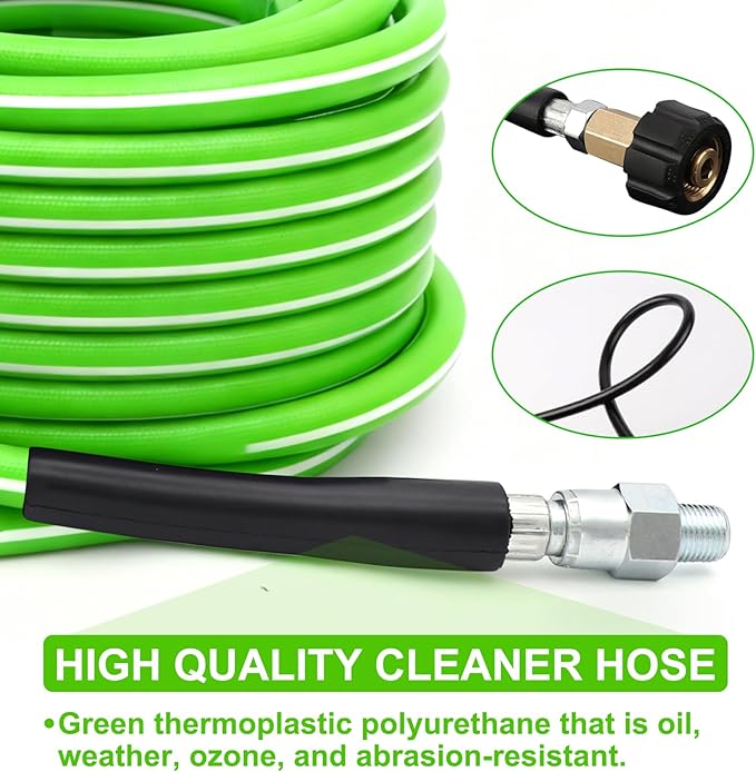 West Bay Sewer Jetter Kit 100 FT for Pressure Washer, 5800 PSI Drain Cleaner Hose 1/4 Inch NPT Corner Rotating and Button Nose Sewer Jetting Nozzle Spanner Watertight Tape Pearl Corsage Pin(Green)