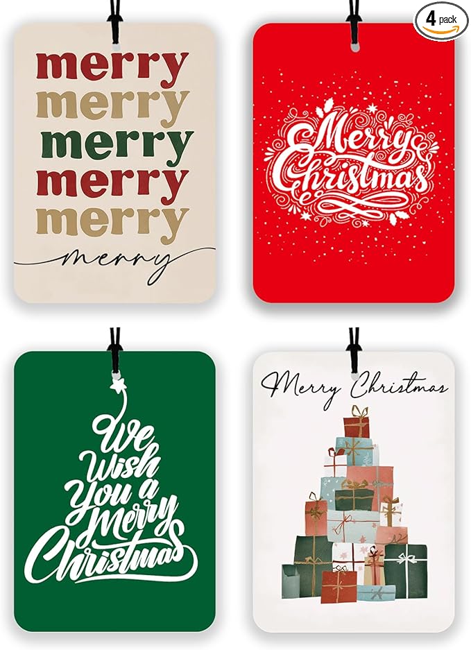 Modern Christmas Car Air Fresheners 4 Pcs, Minimal Holiday Merry Christmas Tree Gift Stack Hanging Air Freshener Set, Neutral Festive Car Accessories for Women