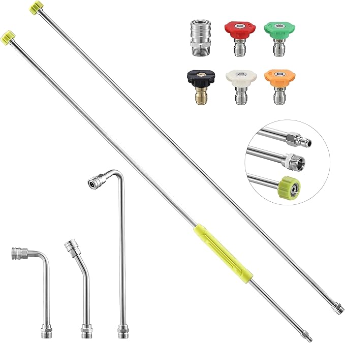 Pressure Washer Extension Wand, 120” pressure washer lance Replacement, Stainless Steel Power Washer Wand with 1/4” QC, Gutter Cleaner Attachment with 30°/90°/120° Curved Rods, 5 Nozzle Tips