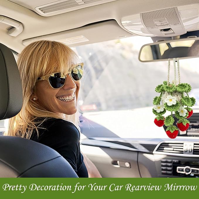 Crochet Hanging Plant Car Air Freshener，10ml Empty Refillable Car Diffuser Bottle with Potted Plants Car Mirror Hanging Accessories Car Air Hanging Fragrance Oil Diffuser (Deep Strawberry)