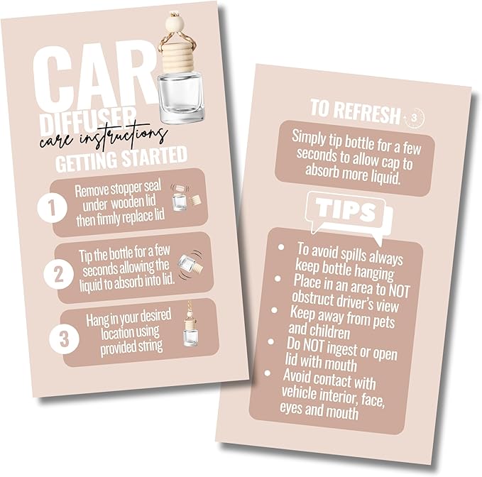 Car Diffuser Instruction Cards | Physical Printed 2" x 3.5" inches Business Card Size | Car Diffuser Supplies | Cute Modern Design (Tan)