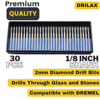 Drilax 30‑Piece 2mm Diamond Drill Bit Set – 1/8″ Shank Compatible with Dremel Tools for Glass, Sea Glass, Stone & Jewelry
