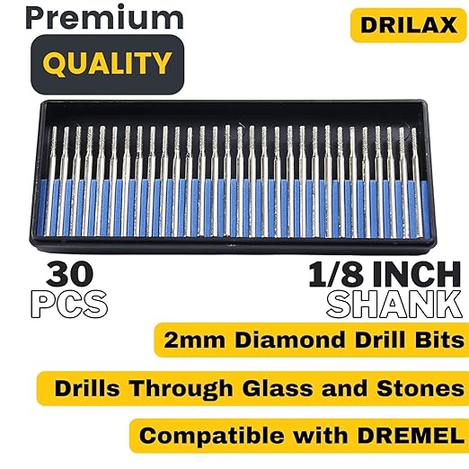 Drilax 30‑Piece 2mm Diamond Drill Bit Set – 1/8″ Shank Compatible with Dremel Tools for Glass, Sea Glass, Stone & Jewelry