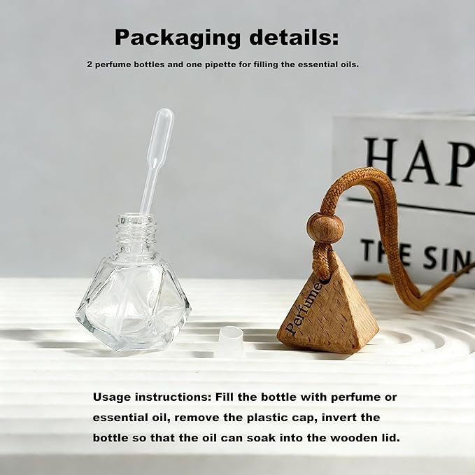 2-Pack Hanging Car Air Freshener, Refillable Glass Diffuser Bottle with Wooden Cap, Drift Car Freshener for Essential Oils, Long-Lasting Scent - Car Accessories for Women Men-Rhombus