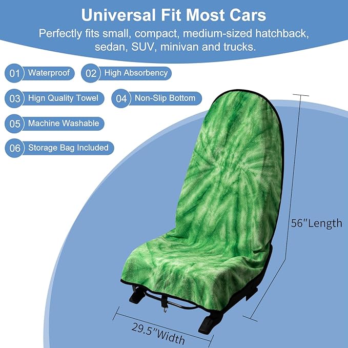 Waterproof Sweating Car Seat Cover for Post Gym Workout, Running, Swimming, Beach and Hiking, Universal Fit Non-Slip Bucket Seat Protector for Cars SUV Trucks, Machine Washable (Tie-Dye Green)