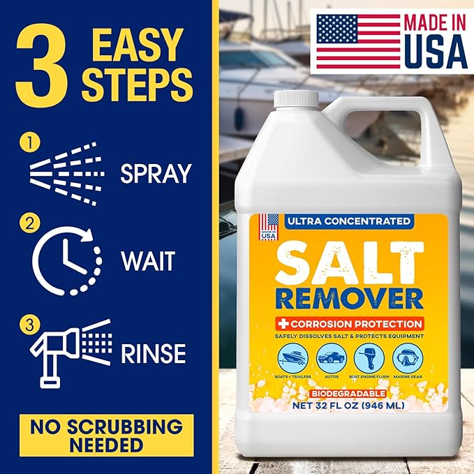 Concentrated Salt Remover Flush Kit + Corrosion Protection – Made in USA | Salt Cleaner Ideal for Boats, Cars, Marine Engine & Outboard Motor Flush, Washes Salt Away from Vehicles, & Trailers | 32 oz