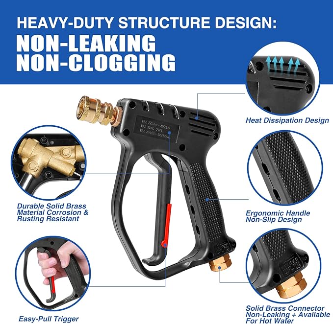 MEKOH Short Pressure Washer Gun, 4000 PSI High Power Washer Spray Gun, 10.5 GPM Foam Gun with 3/8'' Quick Connect, Stubby Pressure Washer Trigger Handle with M22-14mm Adapter for Extension Wand & Hose