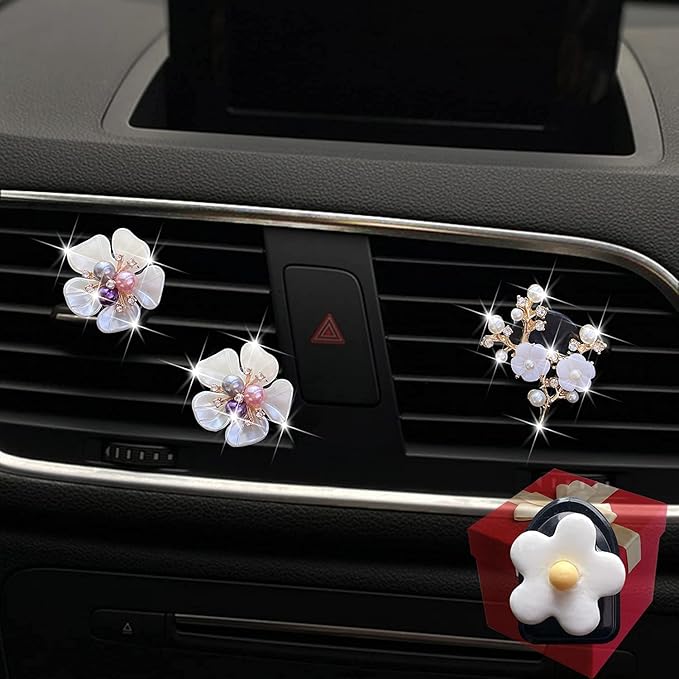 Pearl Daisy AromaBoost Car Diffusers - 3pcs with Mask Hook & Rhinestone Bling Decoration