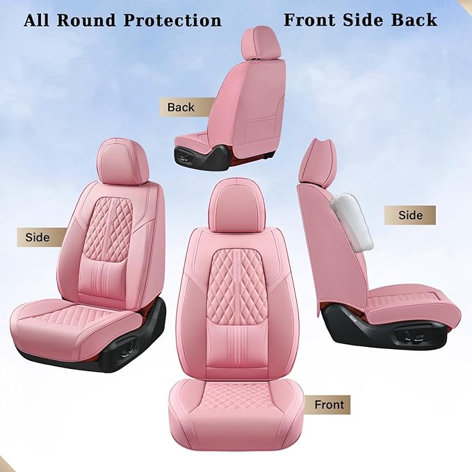 Coverado Car Seat Covers Full Set, Automotive Front and Rear Seat Covers with Backrest, Nappa Leather Car Seat Protectors Waterproof, Universal for Most Vehicles, Pink