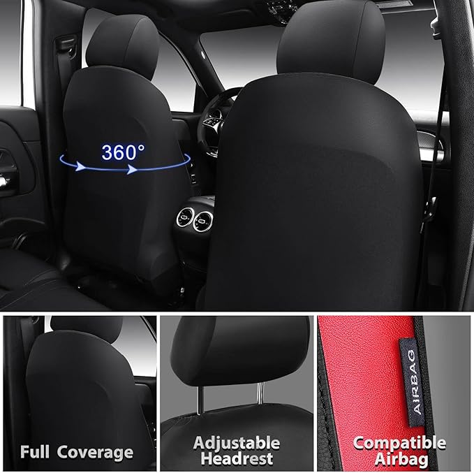 CAR PASS Memory Foam Leather Seat Covers,Air Cool Mesh Thick Car Seat Covers Front Seats Red Leather Seat Covers for Cars Universal for SUVs Trucks,Airbag Compatible Comfort Durable,Black Red Metal