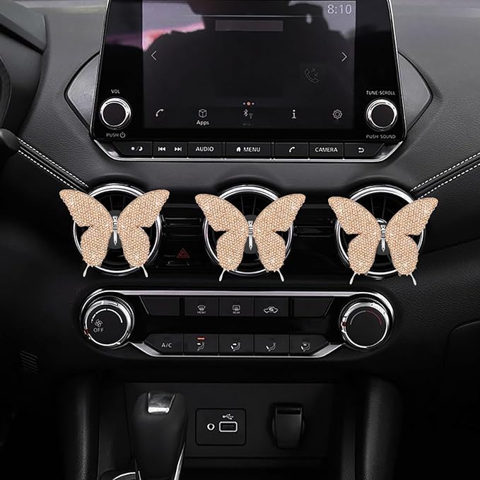 Dotesy 2 Pack Bling Bling Butterfly Air Vent Clips Crystal Butterfly Car Air Fresheners Vent Clips Diamond Cute Car Interior Decor for Women (Champane)