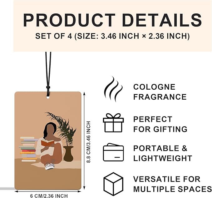 Boho Black Women Reading Car Air Freshener 4 Pcs, Book Lover Gifts Air Freshener Hanging for Cars Books Closet Drawer, Boho Neutral Car Accessories Gifts for Black Women Girls