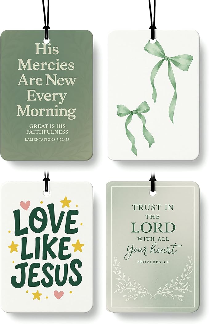 Coquette Green Bow Christian Car Air Freshener 4 Pcs, Retro Sage Green Religious Hanging Air Freshener for Cars Closet Drawer Books, Christian Car Accessories Mirror Decor for Women