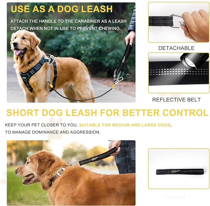 Dog Seat Belt Harness for Car, 5-in-1 Coated Wire Dog Seatbelt, HYLIYAKI Shock Spring-Loaded No Chew Pet Dog Car Seatbelt Leash, with Removable Reflective Short Leash(Black, 16 inch/40 CM)