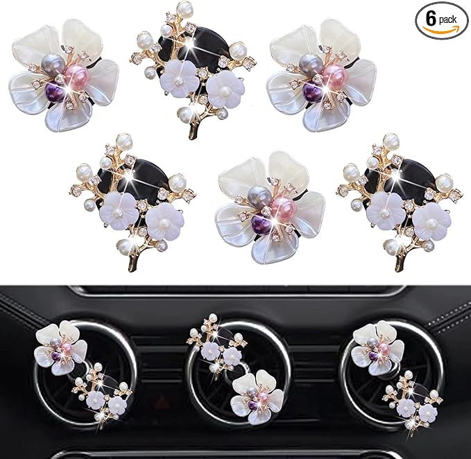 6 Pcs Bling Flower Air Vent Clips, Cute Daisy Cars Air Fresheners Vents Clips Car Diffuser Rhinestone Car sInterior Decoration Charm Diamond Cars Decor Bling Car Accessories for Women Girls