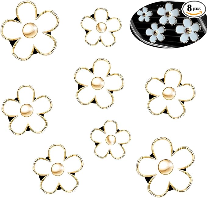 Daisy Car Decoration Flower Air Vent Clip Air Conditioning Outlet Clip Car Air Freshener Clip Car Interior Decor Charm Colorful Car Accessories for Women Interior Cute Set (8PCS-White&White)