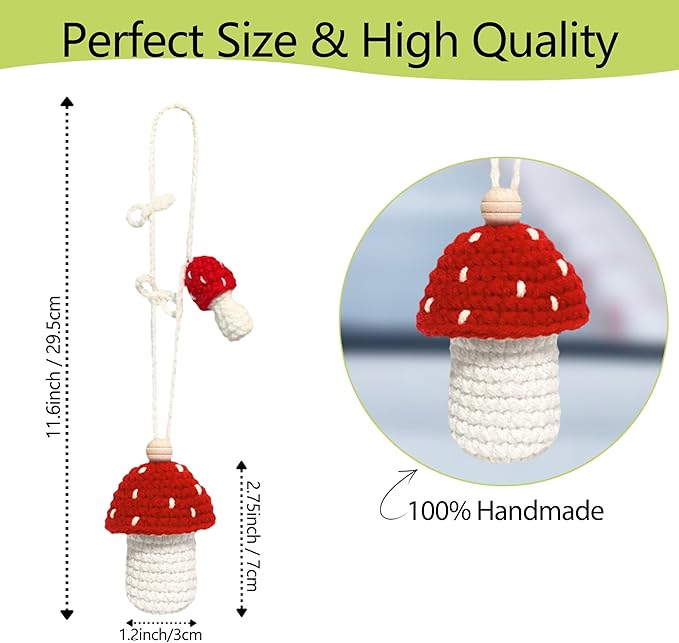 Cute Car Air Freshener Hanging Crochet Car Accessories, Cute Cars Fresheners for Women, Crochet Plant Rear View Mirror Accessories, Red Mushroom