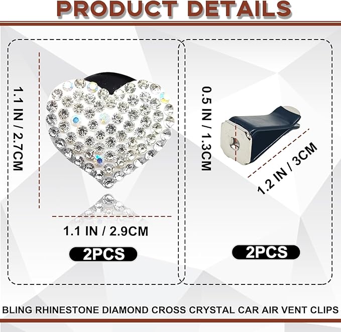 2 Pieces Bling Crystal Heart Car Vent Clips Sparkling Air Freshener and Decorative Accessories for Women Men SUV Truck (White)