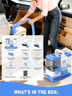 Carpet Cleaner Machine, 20Kpa Powerful Suction with 5 Cleaning Tools, Cleaning Solution, Car/Auto Detailer, Lightweight Compact Design for Rug, Carpet, Car Seats, Pets, Stairs, Couches,Blue