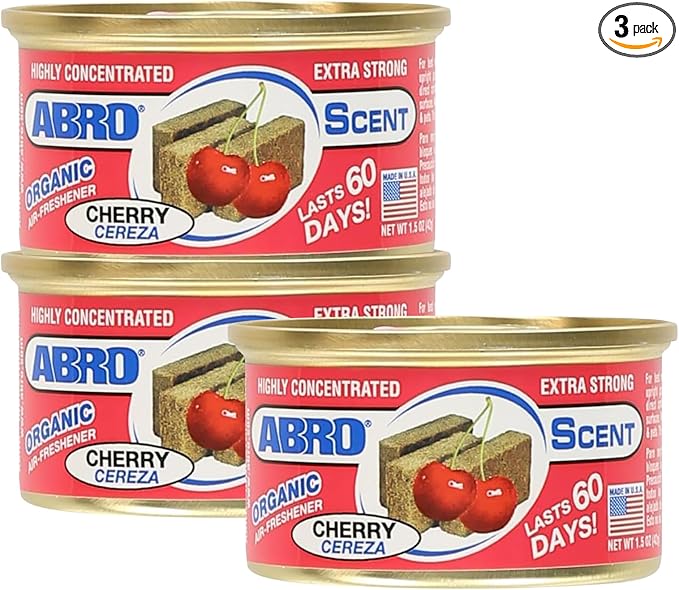 ABRO Scent 3-Pack Organic Air Freshener Can, Cherry Scent, 3 Spill Proof Blocks per Can, Ideal for Car Scents, New Car Smell, Lasts Up to 60 Days, Use in Home, Bathroom, Car or Office