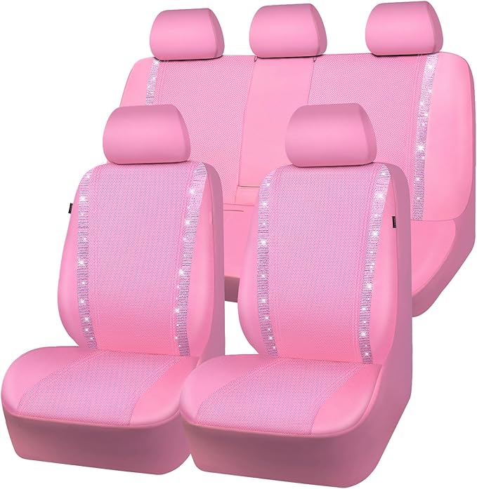 CAR PASS Bling Diamond Car Seat Covers Full Set, Shining Rhinestone Waterproof Faux Leather, Rear with Zipper, Universal Fit Automotive Glitter Crystal Sparkle Strips for Cute Women Girl, Pink