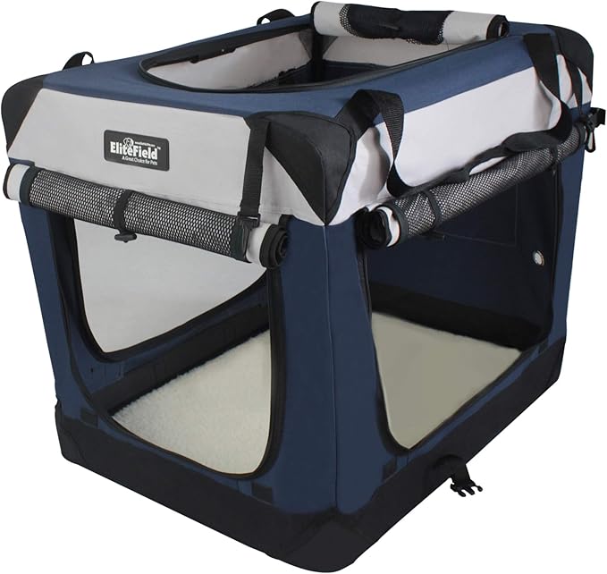 EliteField 4-Door Folding Soft Dog Crate with Curtains, Carrying Bag and Fleece Bed (2 Year Warranty), Indoor & Outdoor Pet Home (30" L x 21" W x 24" H, Navy Blue+Gray)